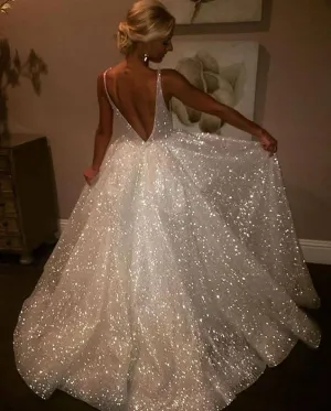 Deep V Neck White Sparkly Prom Dress,Sexy Vintage Shiny Evening Gowns,Low Back White Tulle Wedding Gowns
