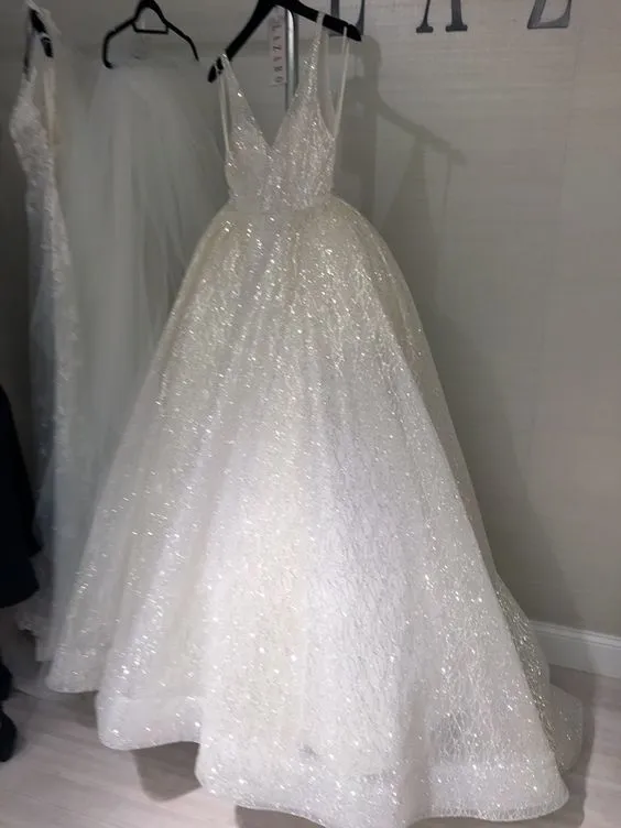 Deep V Neck White Sparkly Prom Dress,Sexy Vintage Shiny Evening Gowns,Low Back White Tulle Wedding Gowns