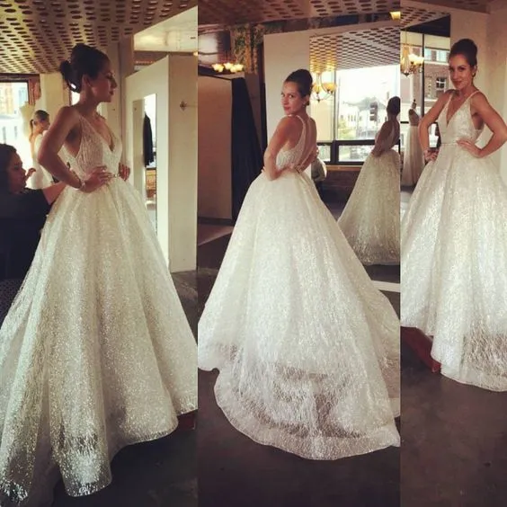 Deep V Neck White Sparkly Prom Dress,Sexy Vintage Shiny Evening Gowns,Low Back White Tulle Wedding Gowns