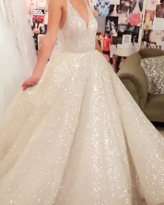 Deep V Neck White Sparkly Prom Dress,Sexy Vintage Shiny Evening Gowns,Low Back White Tulle Wedding Gowns