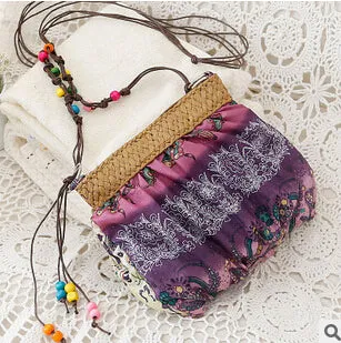 DIDA BEAR 2017 New Boho Bohemia Exotic Floral Straw Weave Strap Cloth Handbag Beach Messenger Bag Small Crossbody Bags Red Blue