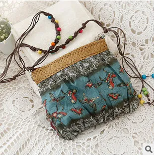 DIDA BEAR 2017 New Boho Bohemia Exotic Floral Straw Weave Strap Cloth Handbag Beach Messenger Bag Small Crossbody Bags Red Blue