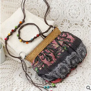 DIDA BEAR 2017 New Boho Bohemia Exotic Floral Straw Weave Strap Cloth Handbag Beach Messenger Bag Small Crossbody Bags Red Blue