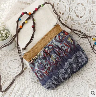 DIDA BEAR 2017 New Boho Bohemia Exotic Floral Straw Weave Strap Cloth Handbag Beach Messenger Bag Small Crossbody Bags Red Blue