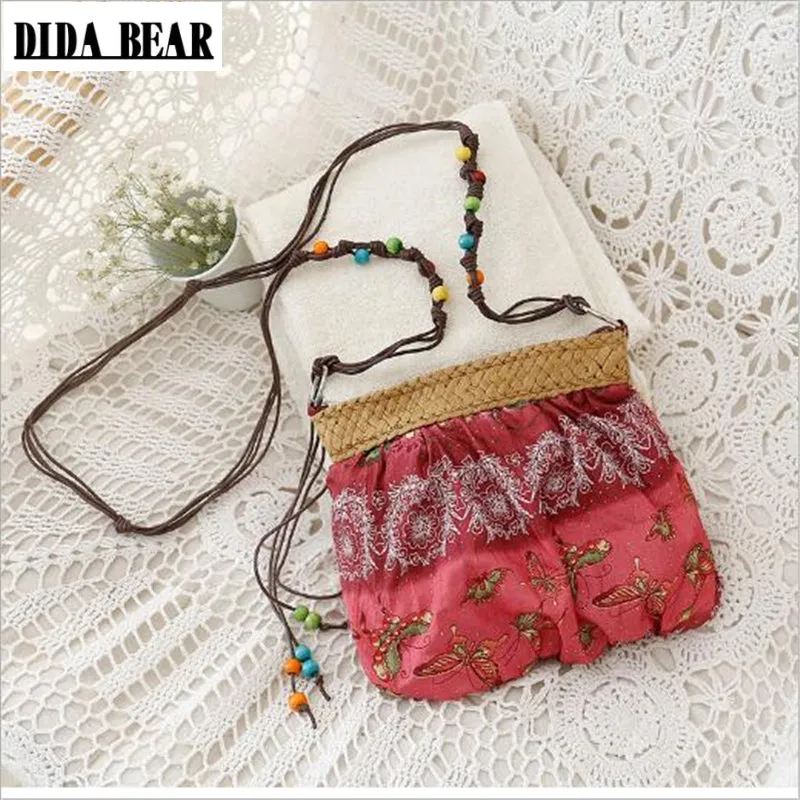 DIDA BEAR 2017 New Boho Bohemia Exotic Floral Straw Weave Strap Cloth Handbag Beach Messenger Bag Small Crossbody Bags Red Blue