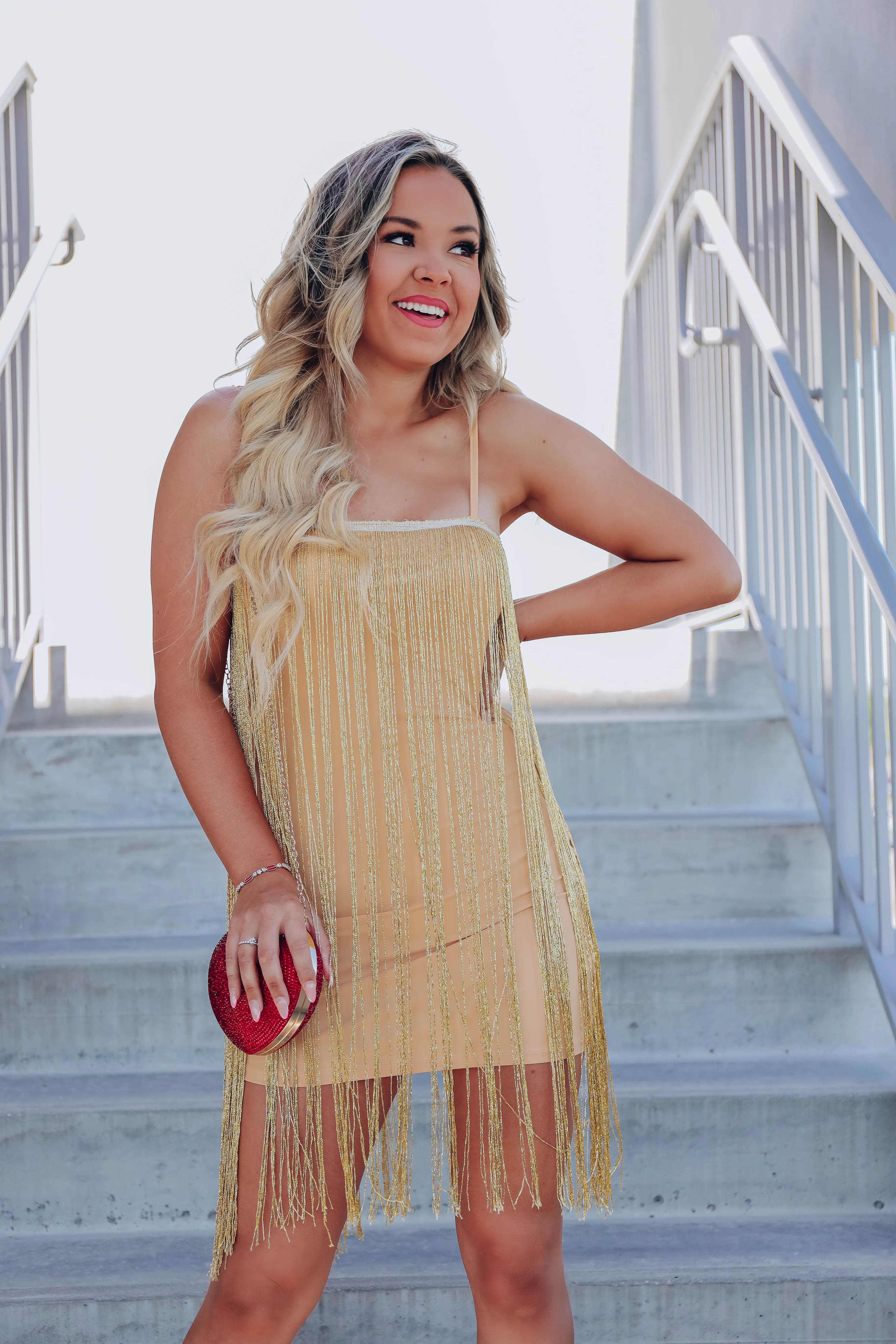 Dramatic Flare Fringe Mini Dress - Gold