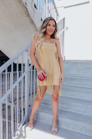 Dramatic Flare Fringe Mini Dress - Gold
