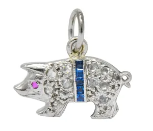 Edwardian 1920's Diamond Sapphire Ruby Platinum Pig Charm