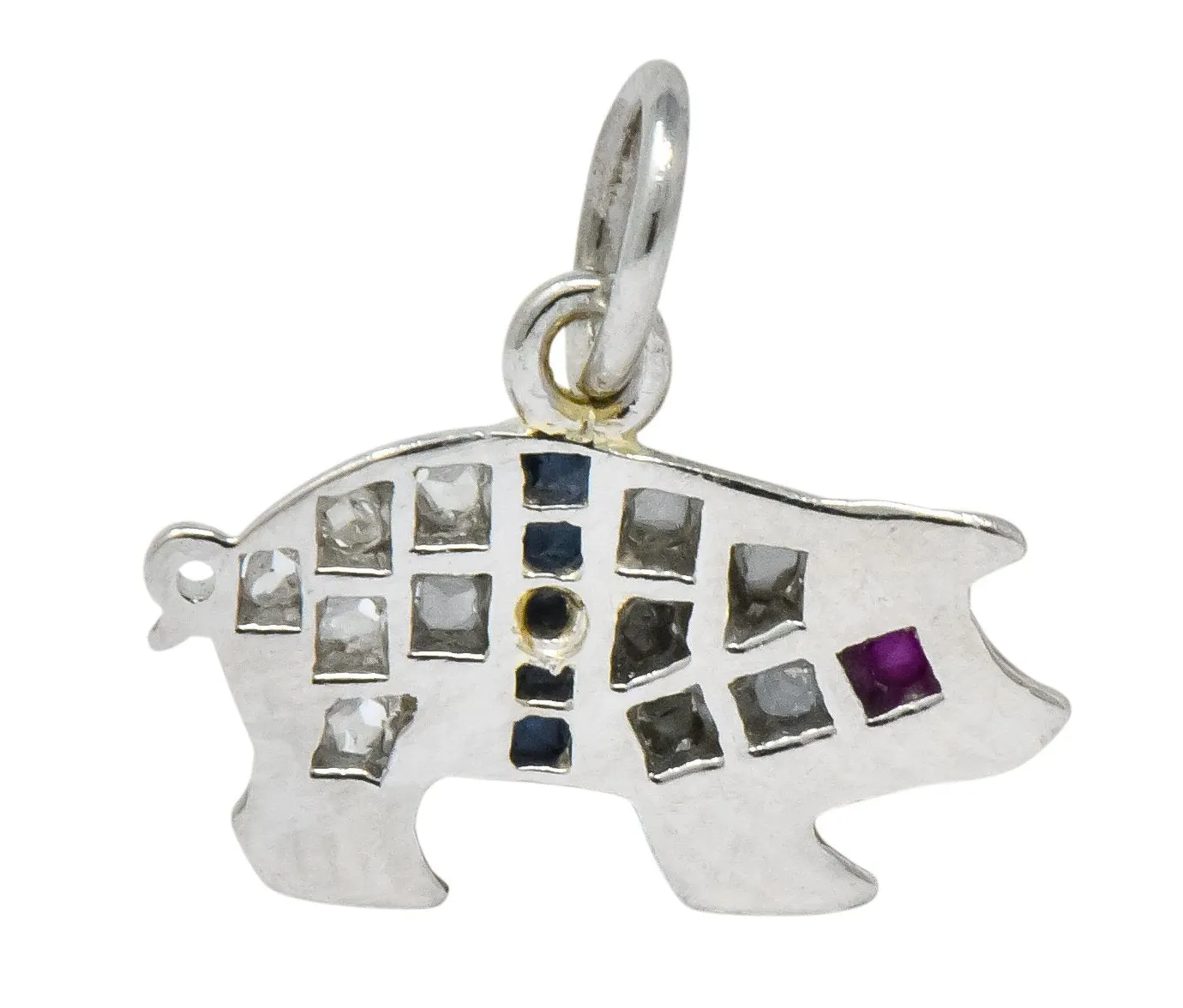 Edwardian 1920's Diamond Sapphire Ruby Platinum Pig Charm