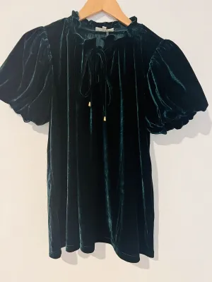 ENTRO Ruffle Neck Velvet Velour Green Tie Neck Gold Metal Accents Puff Sleeve