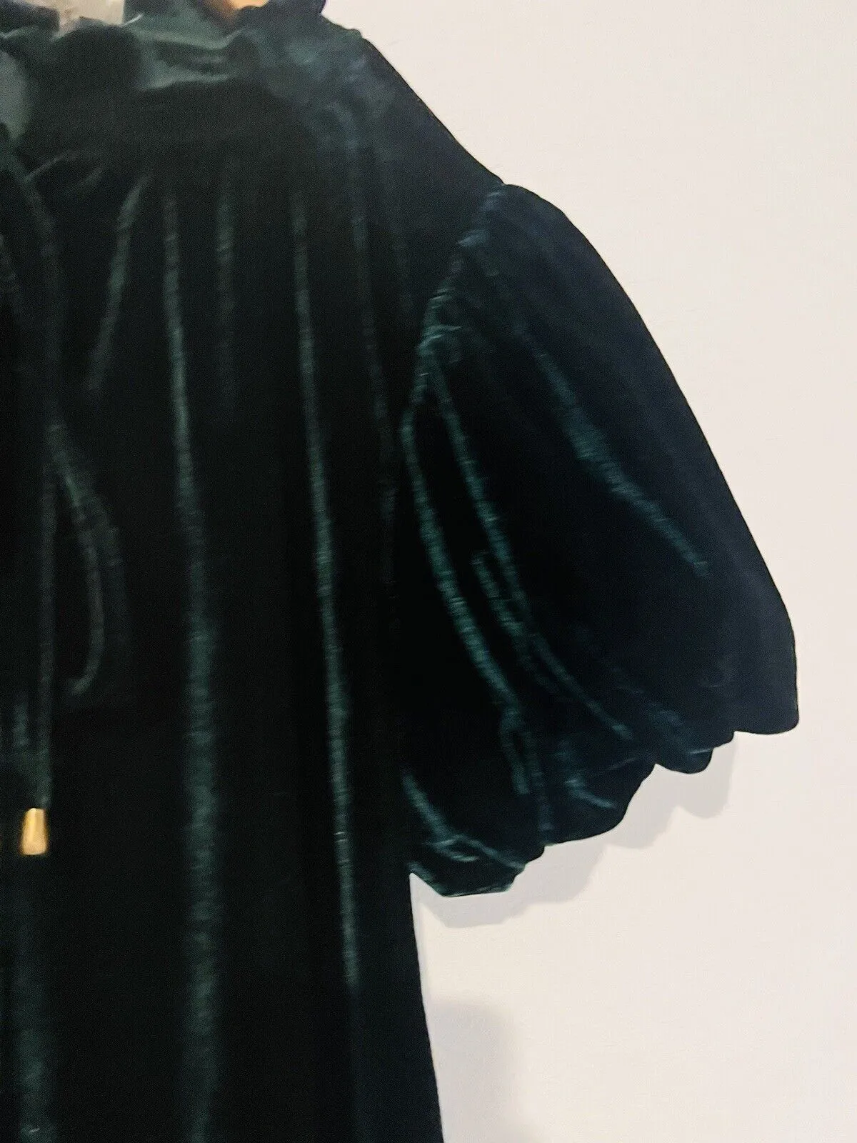ENTRO Ruffle Neck Velvet Velour Green Tie Neck Gold Metal Accents Puff Sleeve