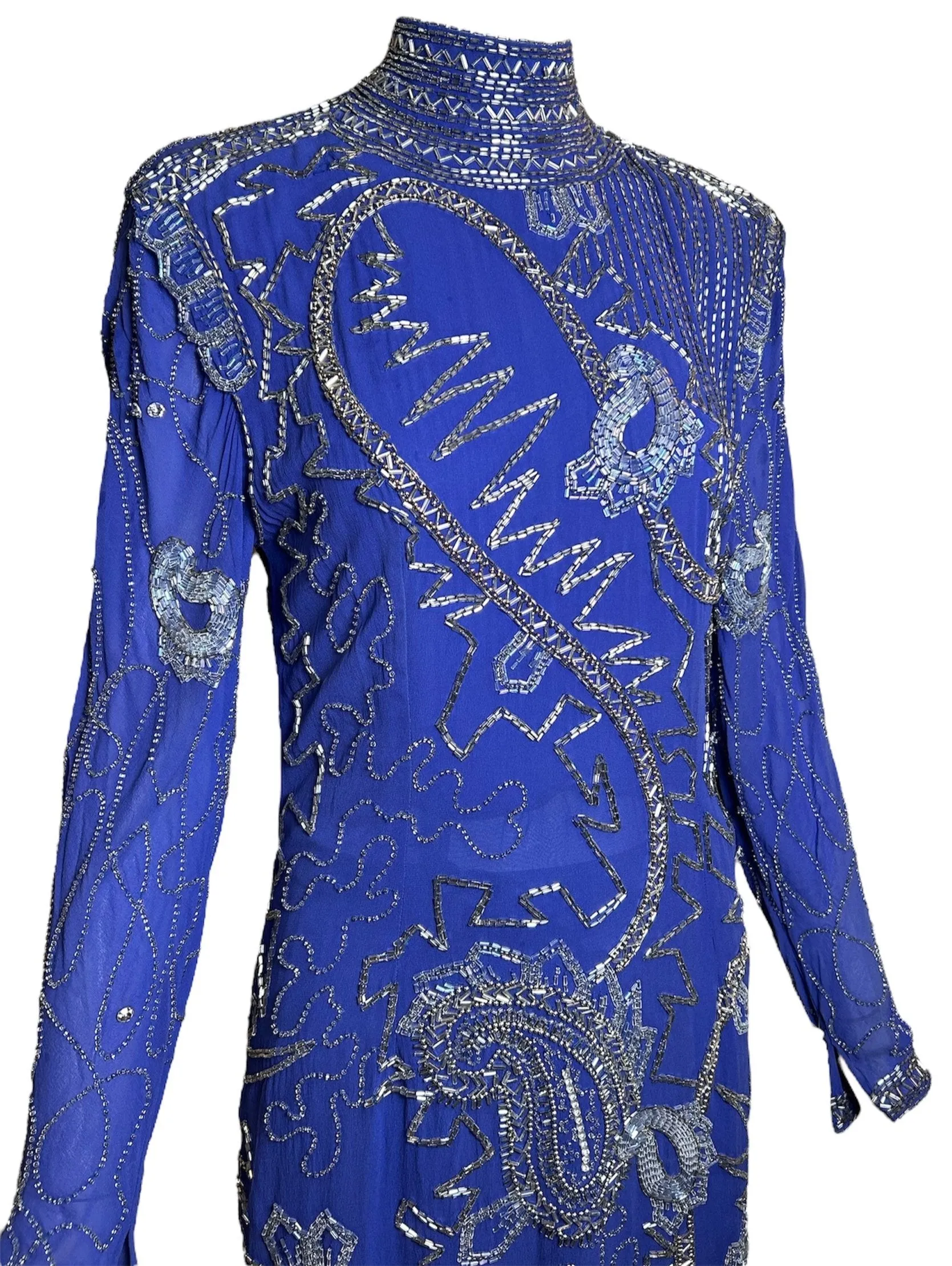 Fabrice 1980s Cobalt Blue Paisley Beaded Gown Ensemble