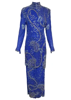 Fabrice 1980s Cobalt Blue Paisley Beaded Gown Ensemble