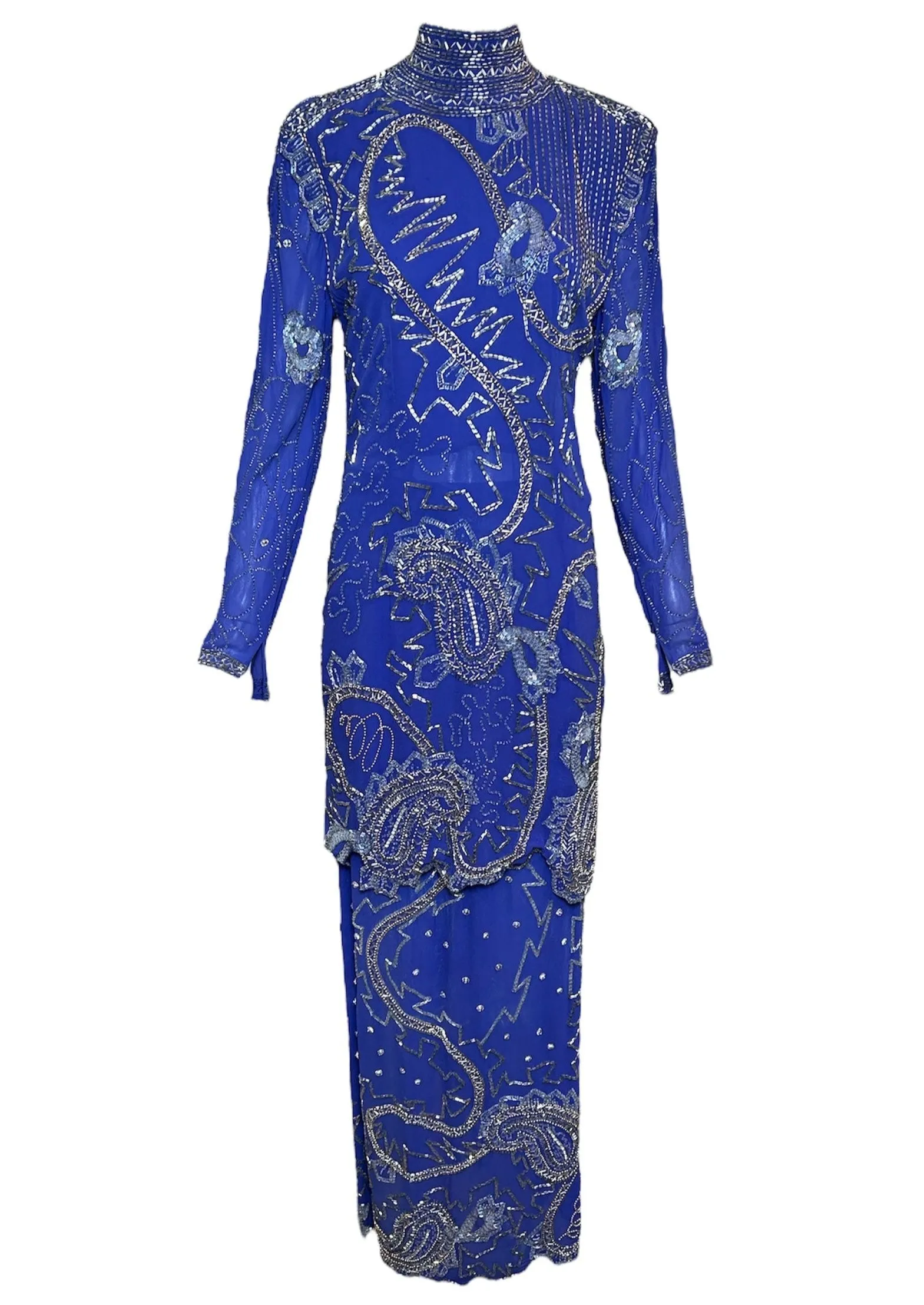 Fabrice 1980s Cobalt Blue Paisley Beaded Gown Ensemble