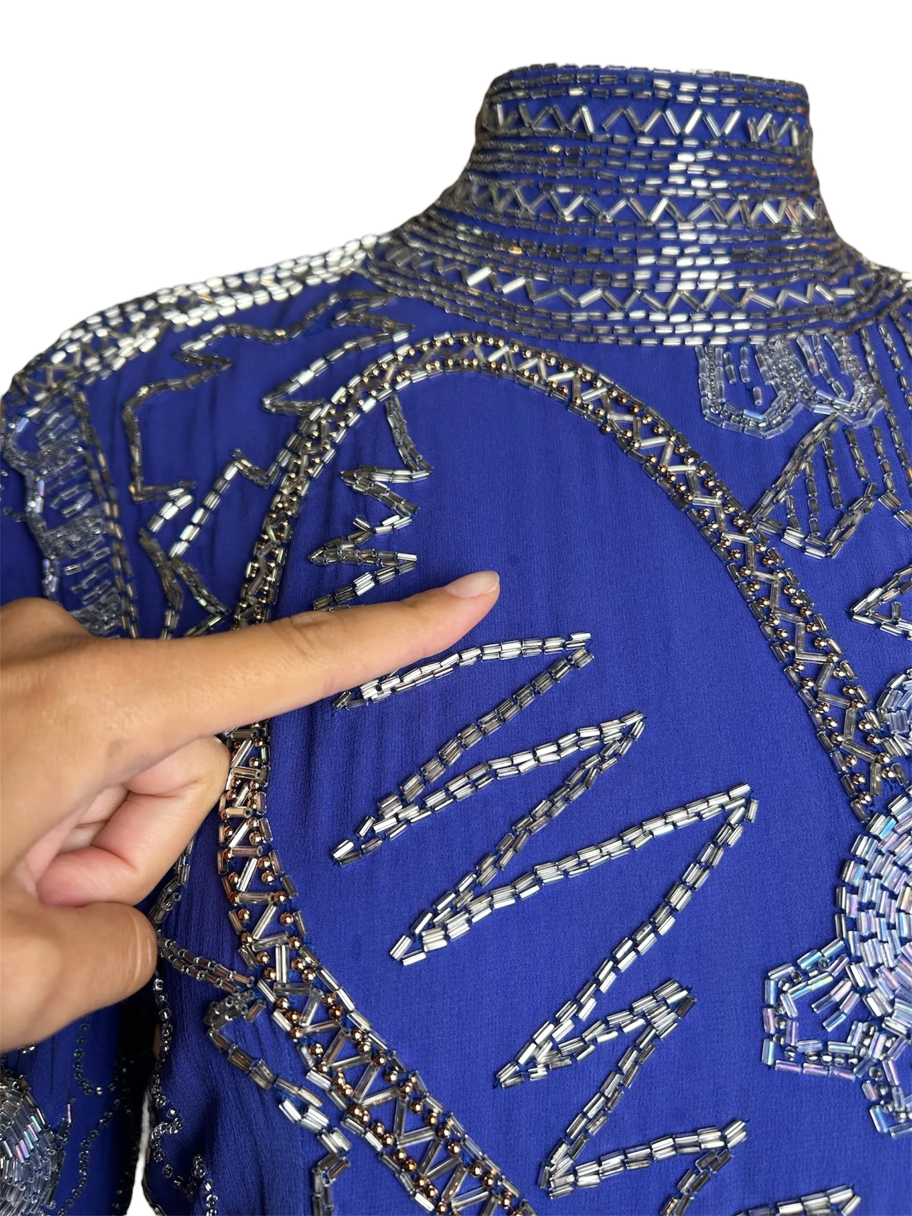 Fabrice 1980s Cobalt Blue Paisley Beaded Gown Ensemble