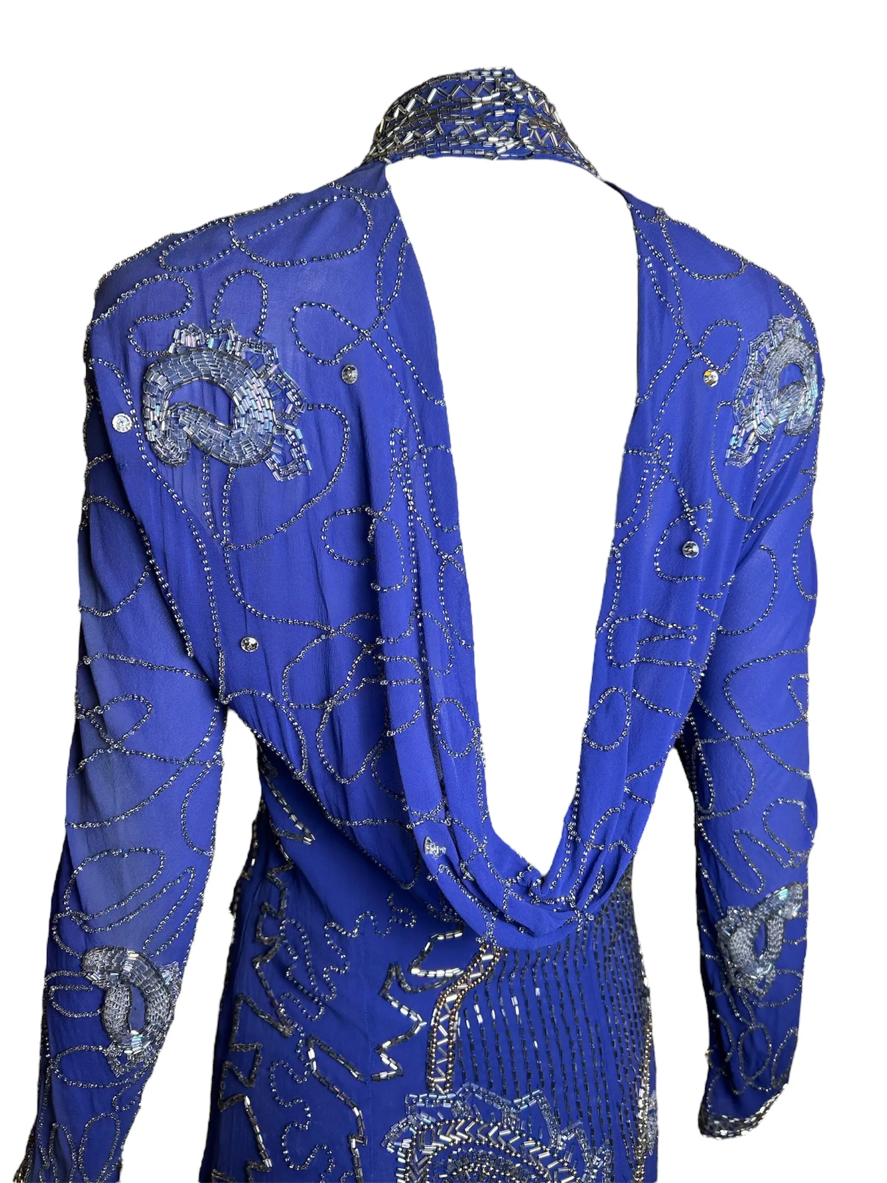 Fabrice 1980s Cobalt Blue Paisley Beaded Gown Ensemble