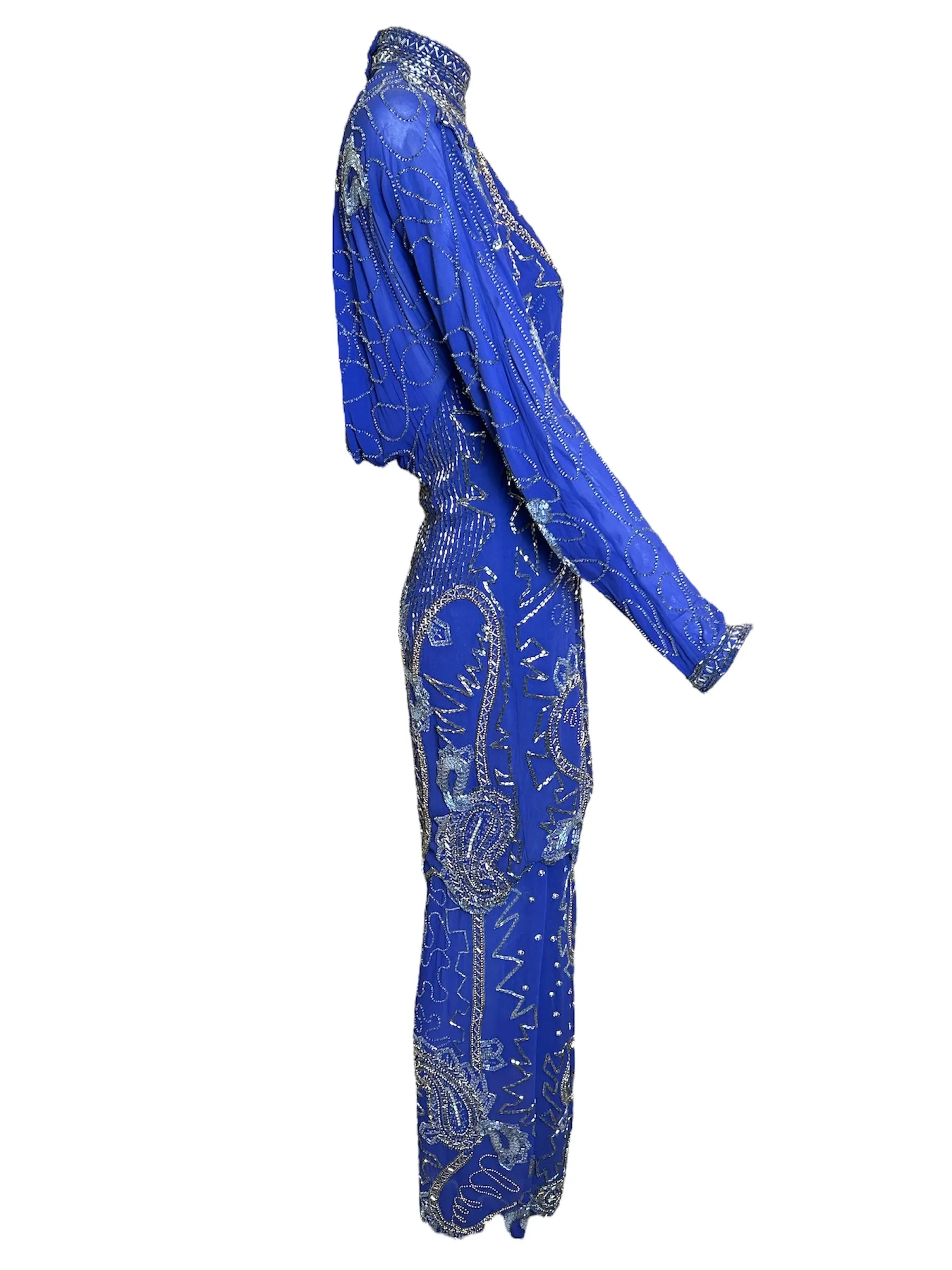 Fabrice 1980s Cobalt Blue Paisley Beaded Gown Ensemble