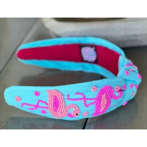 Flamingo Seed Beaded Top Knot Headband.