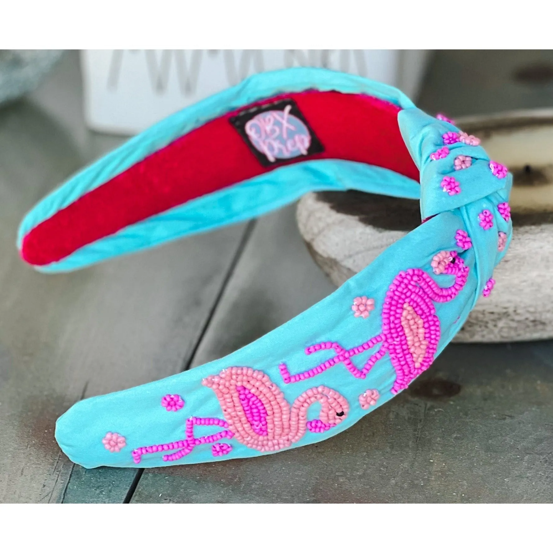 Flamingo Seed Beaded Top Knot Headband.