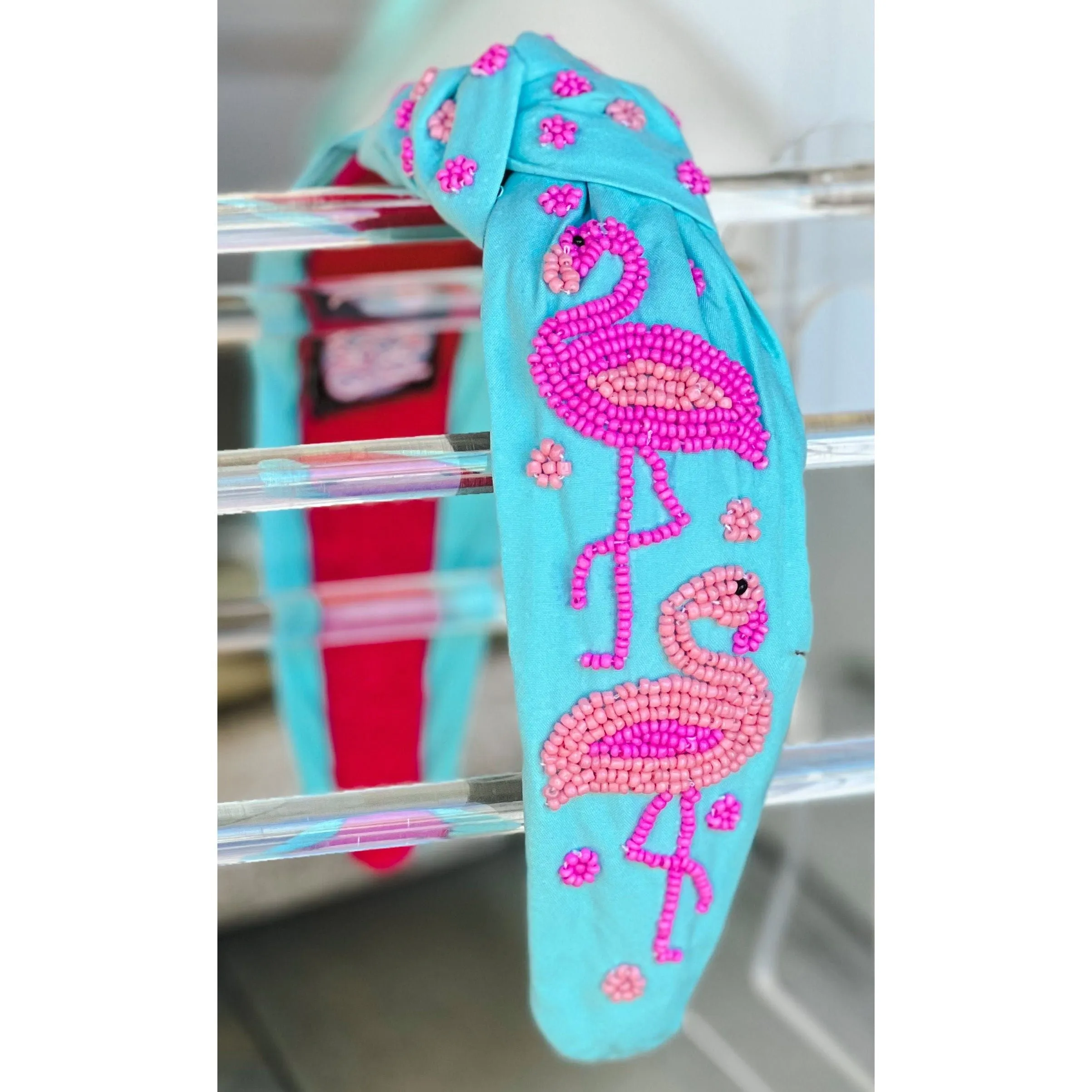 Flamingo Seed Beaded Top Knot Headband.