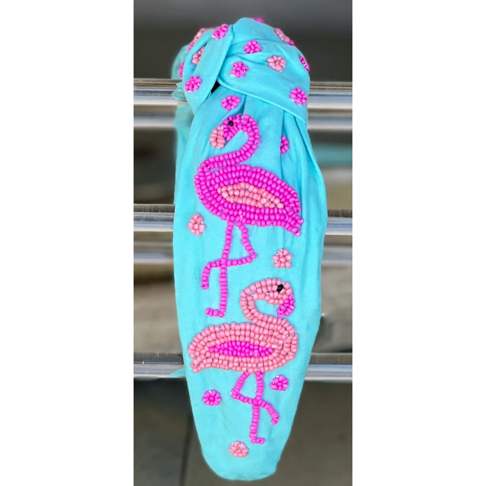 Flamingo Seed Beaded Top Knot Headband.