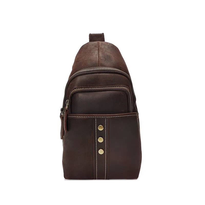Full Grain Leather Men Chest Pack Retro Men Chest Bag Men Casual Messenger Bag