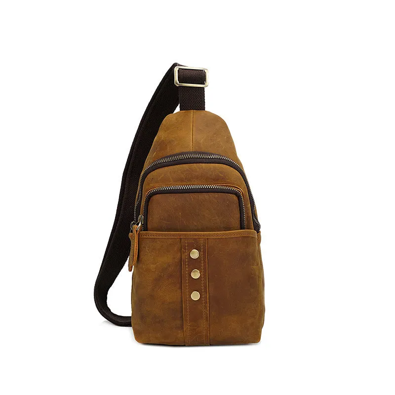 Full Grain Leather Men Chest Pack Retro Men Chest Bag Men Casual Messenger Bag