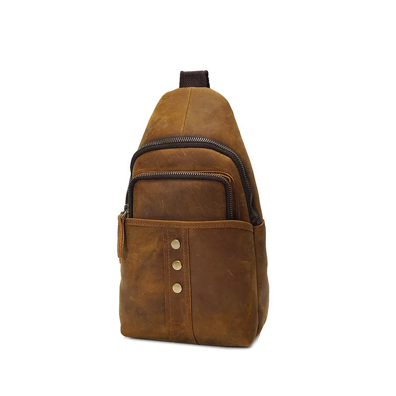 Full Grain Leather Men Chest Pack Retro Men Chest Bag Men Casual Messenger Bag
