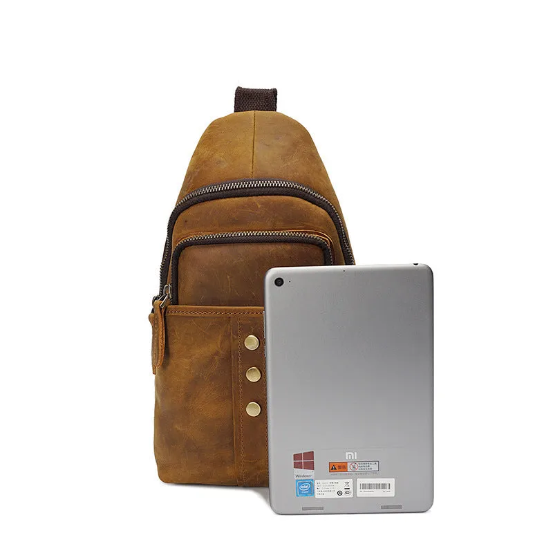 Full Grain Leather Men Chest Pack Retro Men Chest Bag Men Casual Messenger Bag