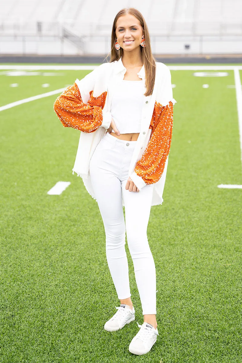 Full Of Spirit White and Orange Sequin Shacket