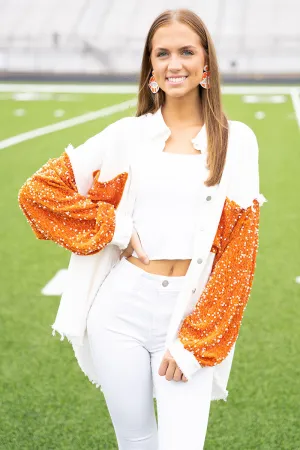 Full Of Spirit White and Orange Sequin Shacket