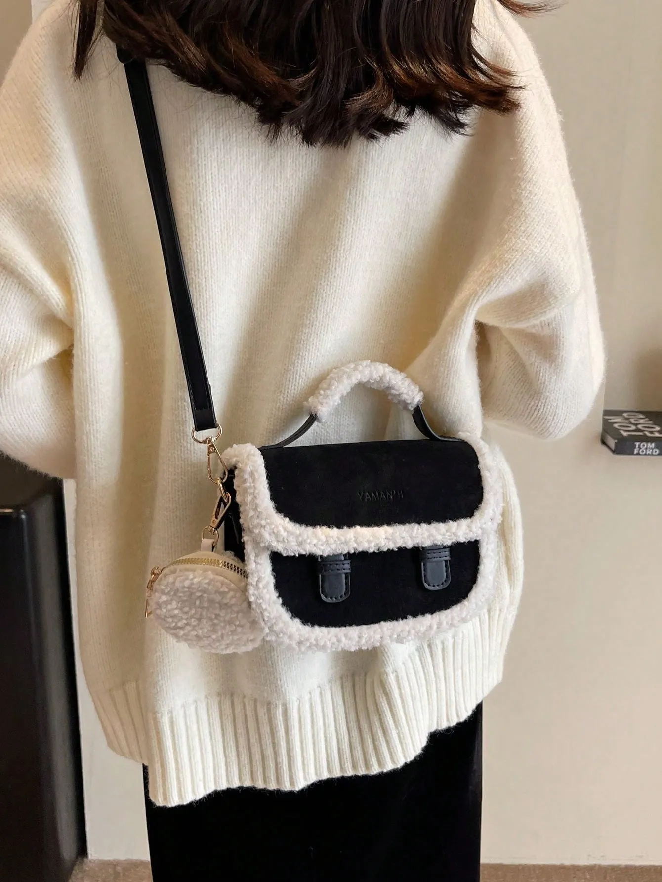 Furry Edge Retro Black Mini Tote Bag