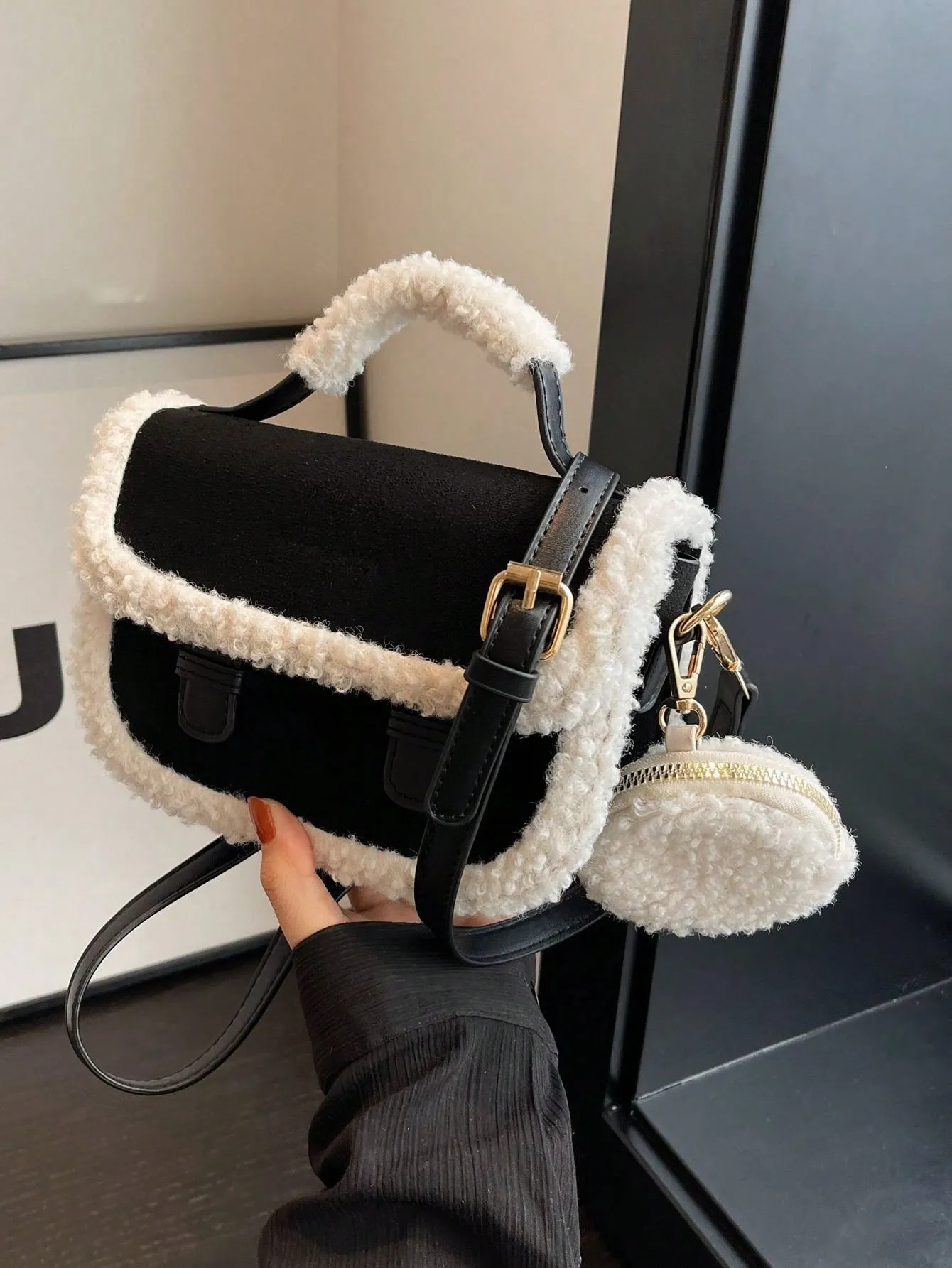 Furry Edge Retro Black Mini Tote Bag