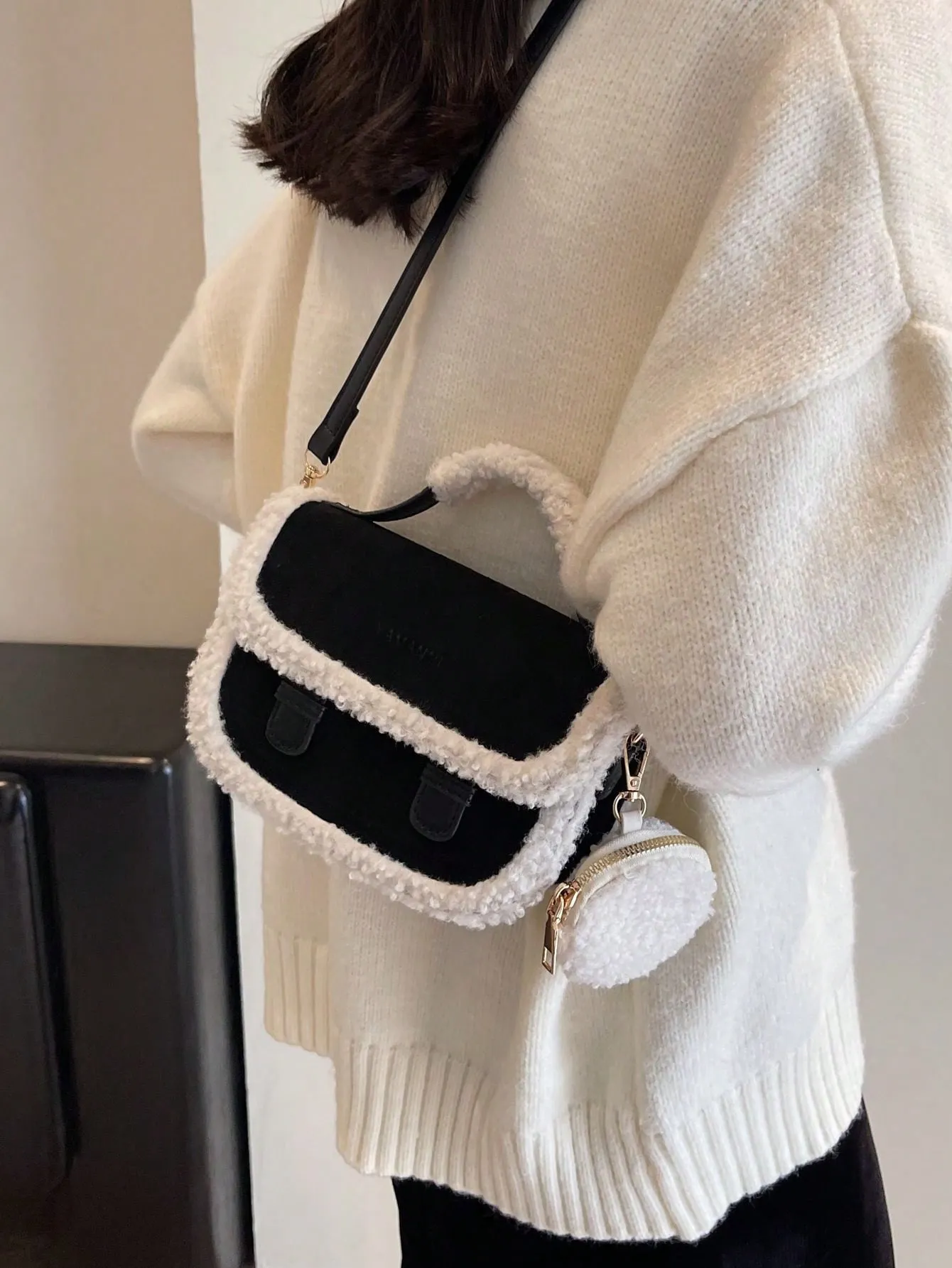 Furry Edge Retro Black Mini Tote Bag