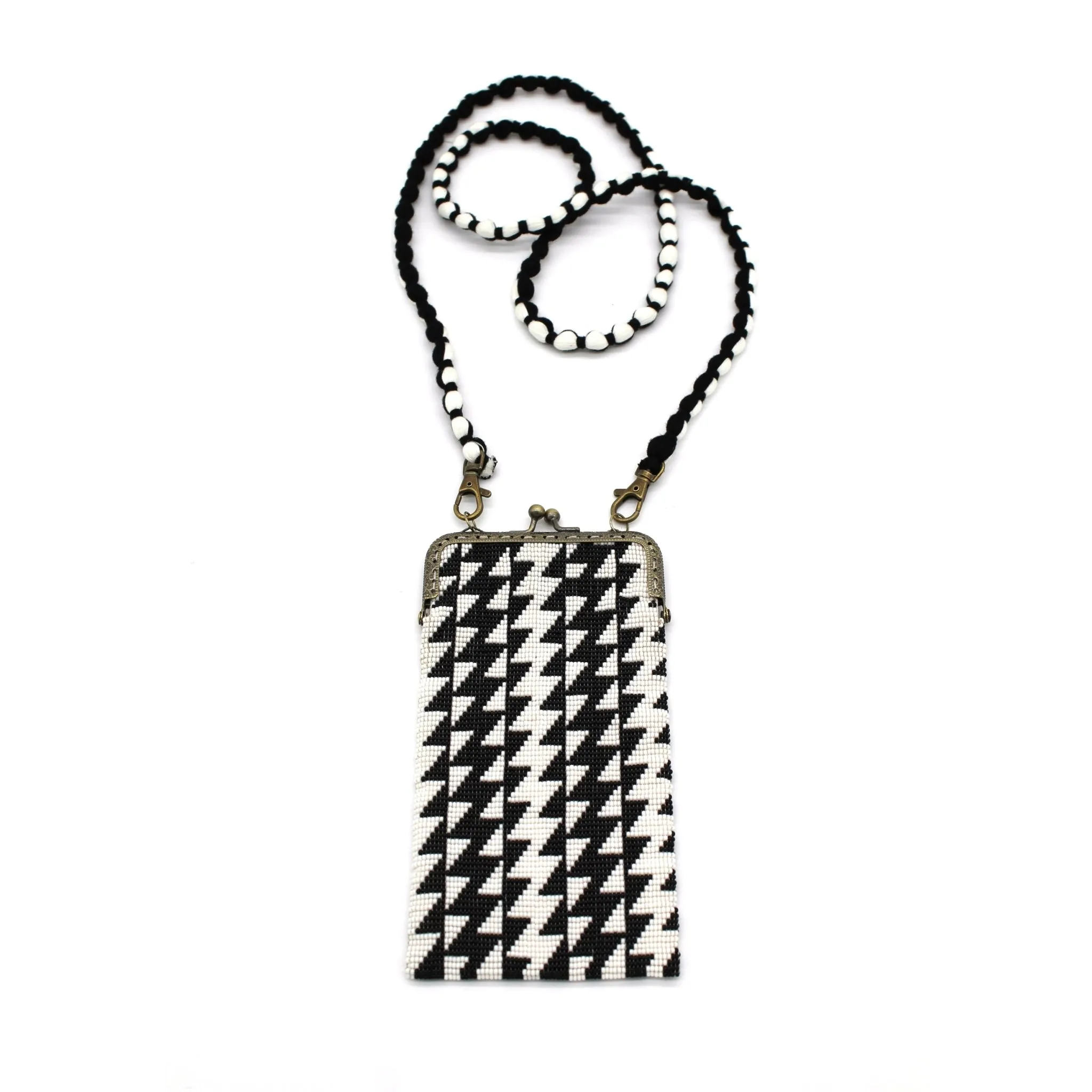 Glass Bead Cell Phone Crossbody Bag - LIGHTNING BOLT BLACK & WHITE