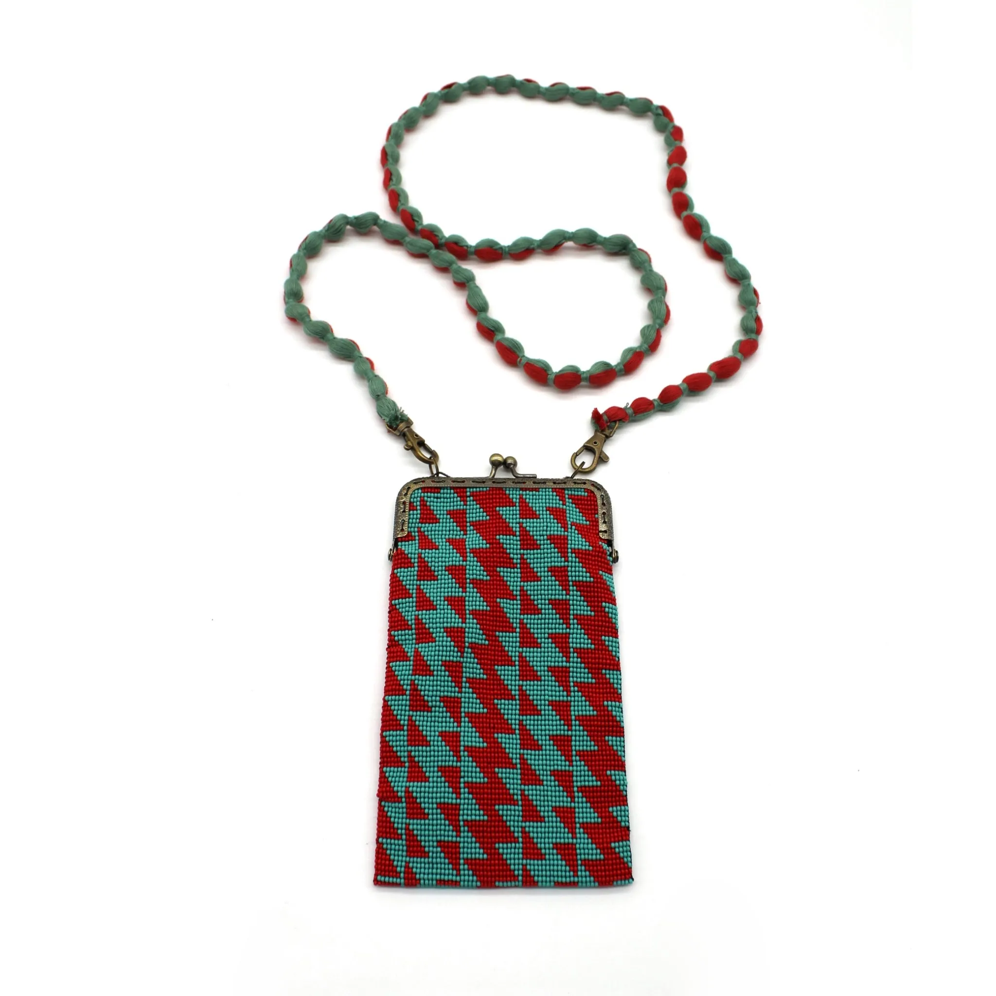 Glass Bead Cell Phone Crossbody Bag - LIGHTNING BOLT TURQUOISE RED