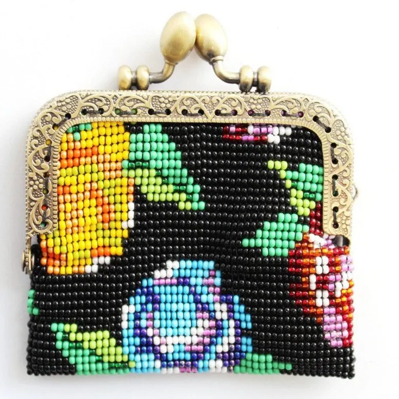 Glass Bead Coin Purse Metal Frame - FLOWERS