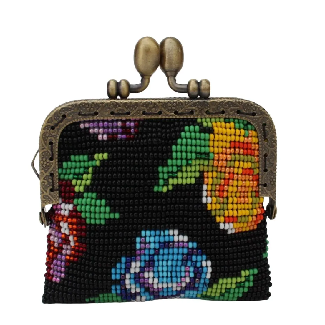 Glass Bead Coin Purse Metal Frame - FLOWERS