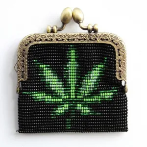 Glass Bead Coin Purse Metal Frame - LEAF