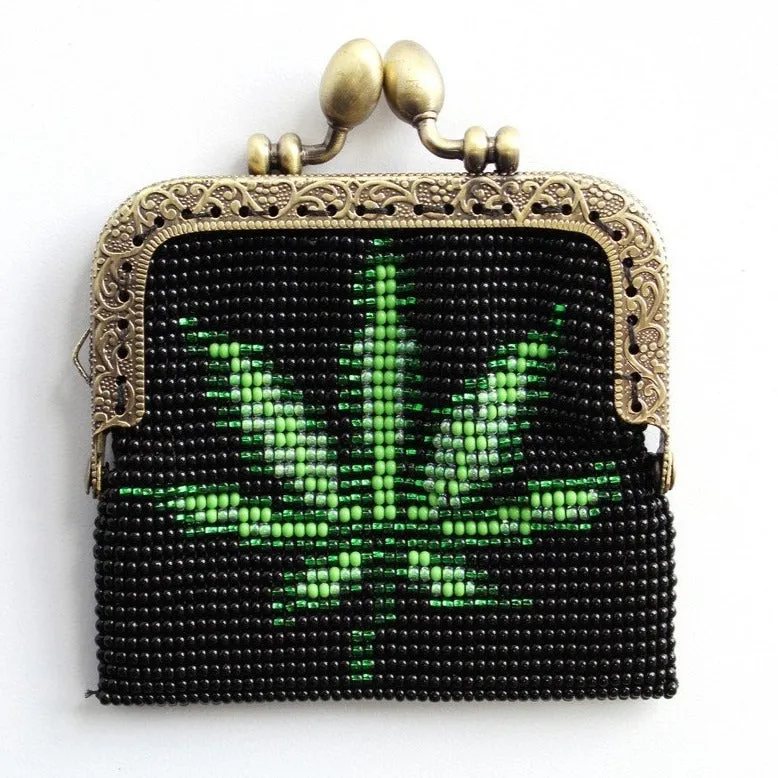 Glass Bead Coin Purse Metal Frame - LEAF