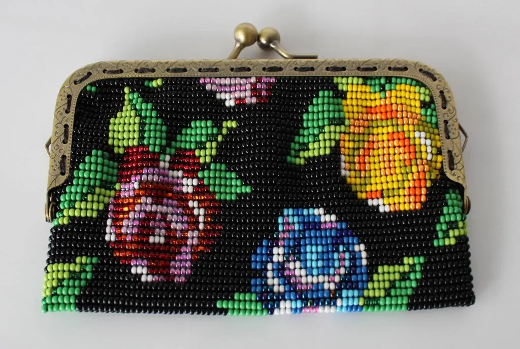 Glass Bead Flower Purse Metal Frame - MULTICOLOR