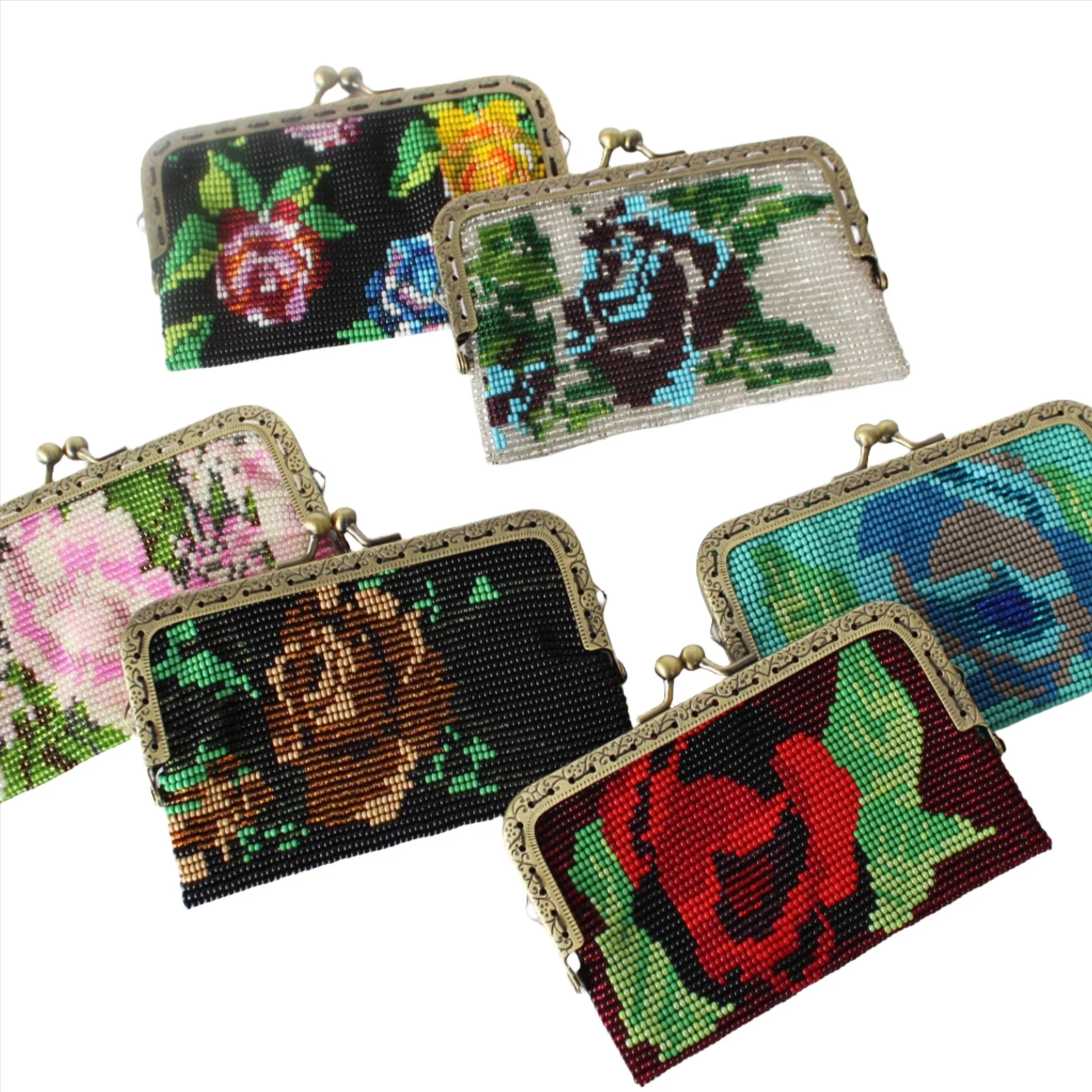 Glass Bead Flower Purse Metal Frame - MULTICOLOR