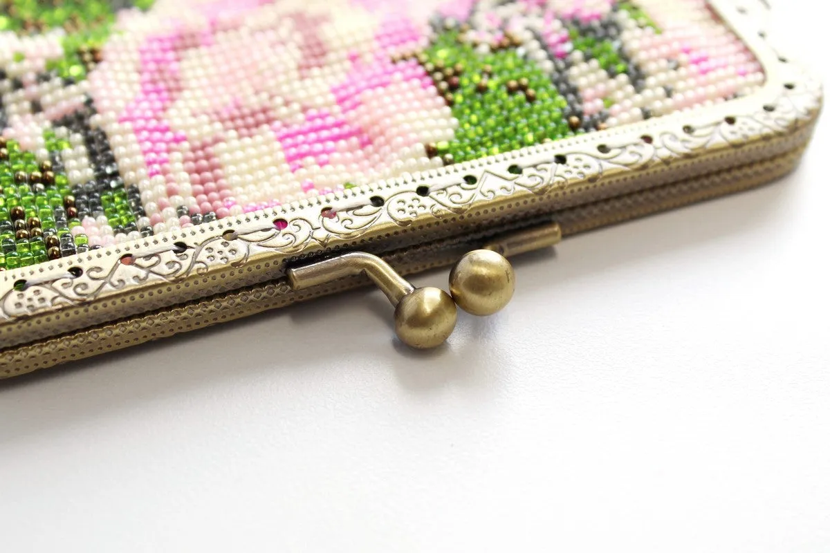Glass Bead Flower Purse Metal Frame - PINK