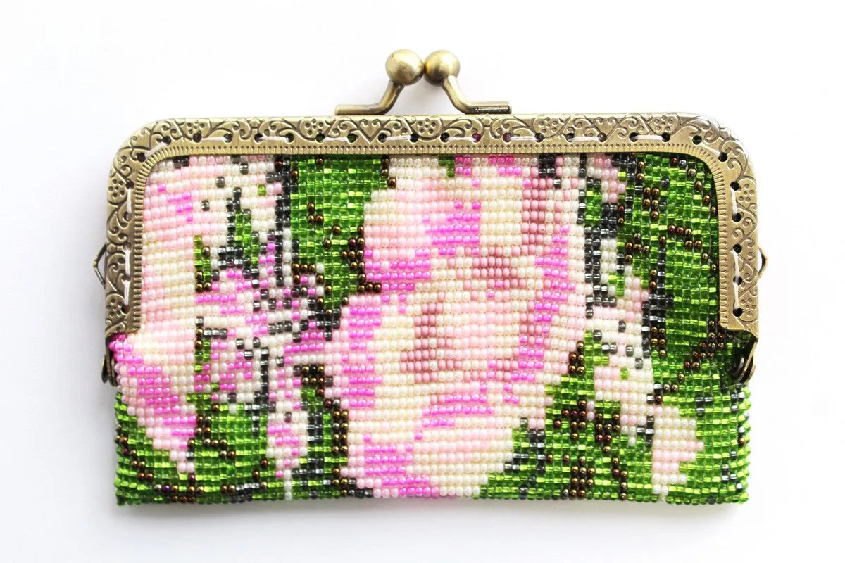 Glass Bead Flower Purse Metal Frame - PINK