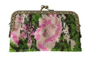 Glass Bead Flower Purse Metal Frame - PINK