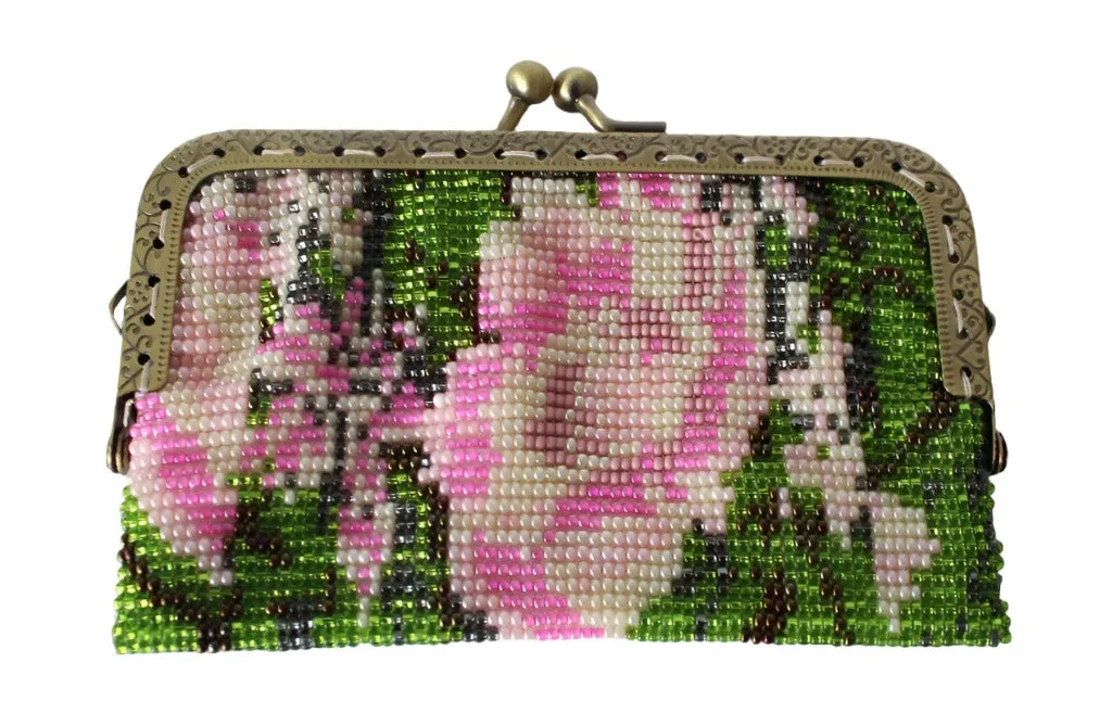 Glass Bead Flower Purse Metal Frame - PINK