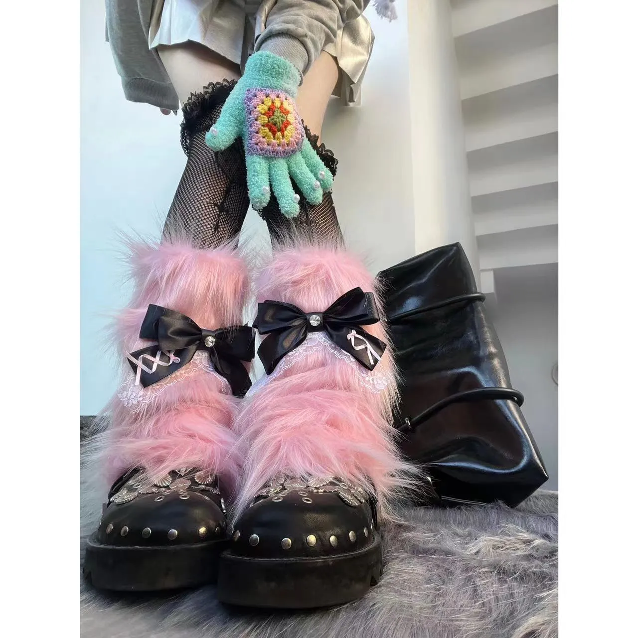Gothic Bow Lace Fur Leg Warmers For Girls