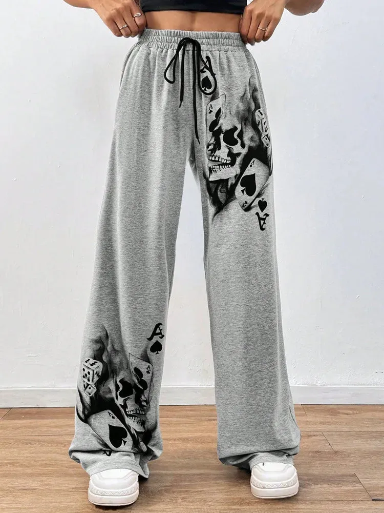 Gothic Drawstring Skulls Print Straight Pants