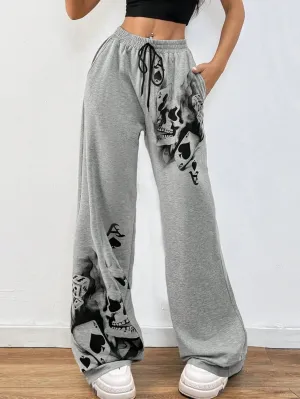 Gothic Drawstring Skulls Print Straight Pants