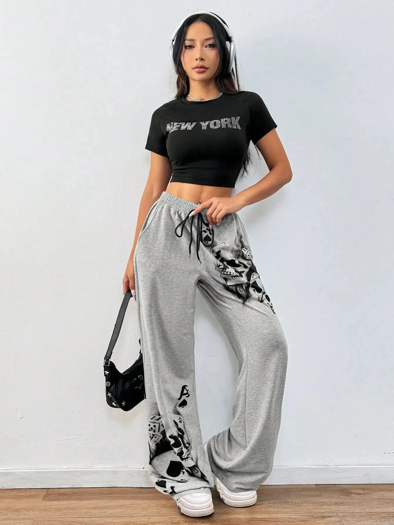 Gothic Drawstring Skulls Print Straight Pants
